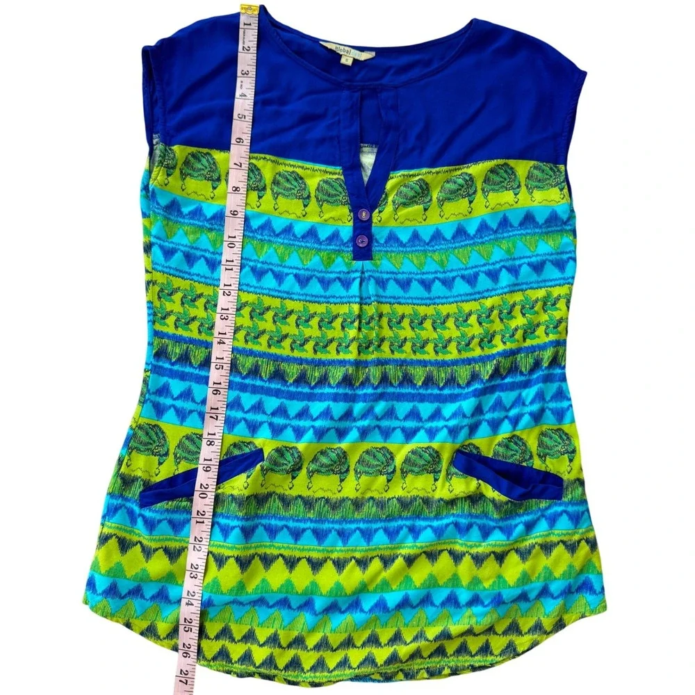 Global Desi Womens Blue Green Geometric Print Tunic‎ Top Cap Sleeve Size S